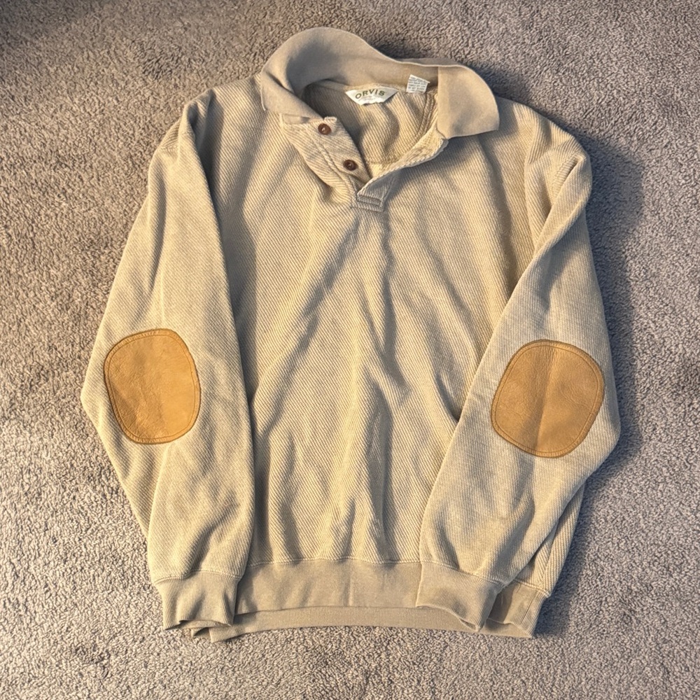Orvis Men's Tan Collared Sweater with Elbow Patches